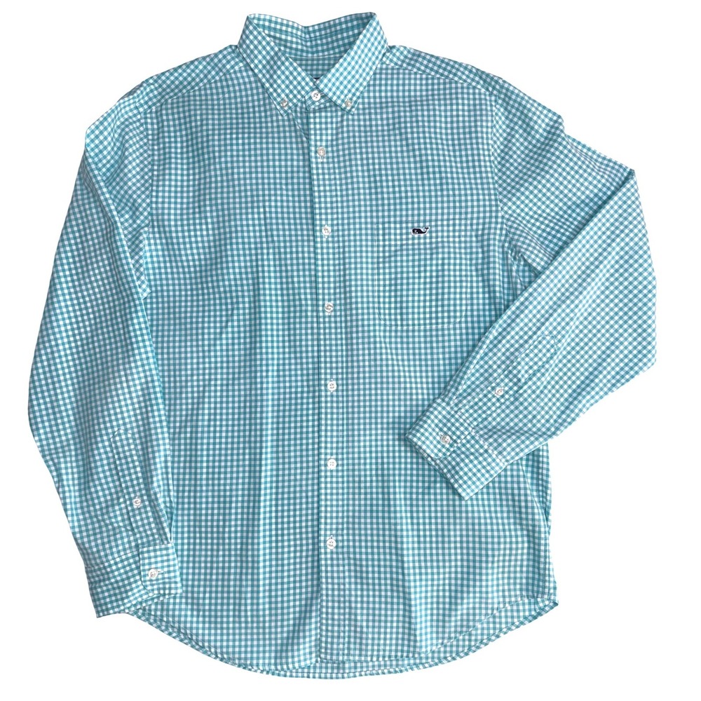 Vineyard Vines Mens M hClassic Fit Tucker Shirt Turquoise Gingham Cotton Whale
